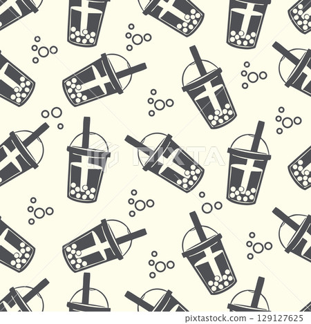 Seamless pattern bubble tea drink doodle drawing. Food and beverage vector illustration. 129127625
