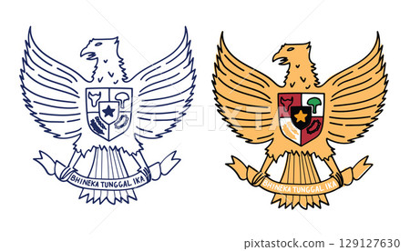 Hand Drawn Garuda Pancasila Emblem Colorful and Outline. for editorial use only 129127630