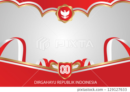 Indonesia Flag Background with red,gold and white Wavy Ribbons and Pancasila Emblem for Independence Day 129127633