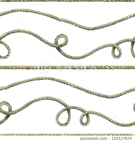 This seamless hand-painted watercolor illustration highlights looping twisted ropes in earthy tones, forming gentle curves and knots for marine-inspired textile and surface design. This seamless hand-painted watercolor illustration highlights looping twisted ropes in earthy tones, forming gentle curves and knots for marine-inspired textile and surface design. 129127674