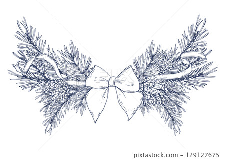 Hand drawn line art illustration of a pine garland with branches and pine cones, tied with a festive ribbon and bow, perfect for seasonal decor, holiday borders or winter-themed holiday arrangements. Hand drawn line art illustration of a pine garland with branches and pine cones, tied with a festive ribbon and bow, perfect for seasonal decor, holiday borders or winter-themed holiday arrangements. 129127675