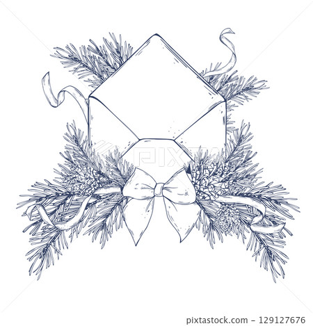 Paper envelope for a letter surrounded by pine branches, cones, ribbons and decorated with a bow. Illustration line art graphics hand-drawn. Ideal for holiday prints and seasonal compositions. Paper envelope for a letter surrounded by pine branches, cones, ribbons and decorated with a bow. Illustration line art graphics hand-drawn. Ideal for holiday prints and seasonal compositions. 129127676