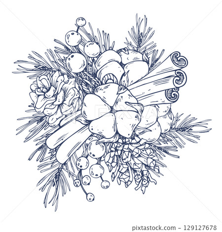 A hand drawn holiday line art composition featuring berries, pine, pine cones, cinnamon sticks and cotton, perfect for warm holiday scenes and rustic winter arrangements. A hand drawn holiday line art composition featuring berries, pine, pine cones, cinnamon sticks and cotton, perfect for warm holiday scenes and rustic winter arrangements. 129127678