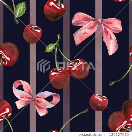 Dark background seamless pattern with hand-painted watercolor illustration of red cherries and pink bows, elegant and bold design for textile and stationery. 129127683