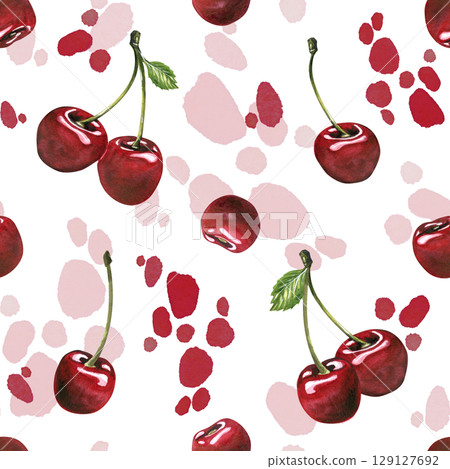 Playful seamless pattern hand-painted watercolor illustration featuring cherries and abstract dots on soft pastel background. Fun and modern composition for print use. 129127692