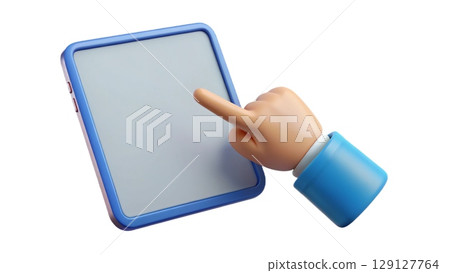 3d Hand holding ipad or tablet pc. Touching screen with finger. 129127764