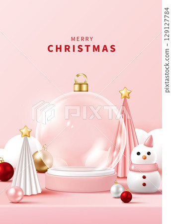 3D cute snowman, Christmas tree and pink product display platform, Christmas advertising poster flyer material picture 3D cute snowman, Christmas tree and pink product display platform, Christmas advertising poster flyer material picture 129127784