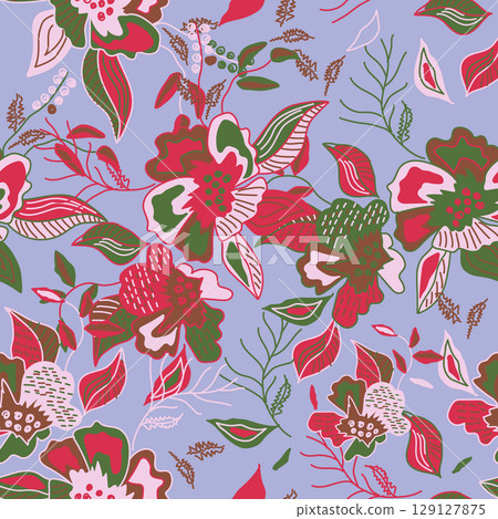 Abstract tropical background. Floral seamless pattern in flat modern manner. Outline sketch drawing. Good for fashion, textile, fabric. Vector. 129127875