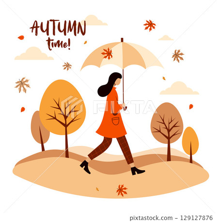 Autumn Time card. Elegant fall girl in red coat with umbrella. Autumnal landscape with colorful trees and falling maple leaves. Vector illustration. Not AI 129127876
