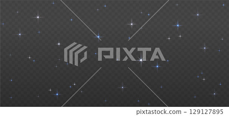 Blue space with stars PNG with glowing universe elements. Shining starry sky and galaxy cold winter lights on a transparent background. Perfect for cosmic designs. Vector with transparency 129127895