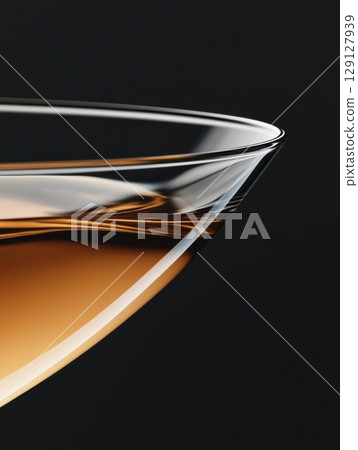 Close-up of elegant cocktail glass with amber liquid against black background Close-up of elegant cocktail glass with amber liquid against black background 129127939