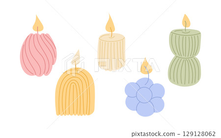 Set of hand drawn decorative candles in various cozy shapes and pastel colors 129128062