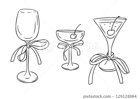 Hand drawn illustration of wine, cocktail and champagne glasses decorated with bows and cherries Hand drawn illustration of wine, cocktail and champagne glasses decorated with bows and cherries 129128064