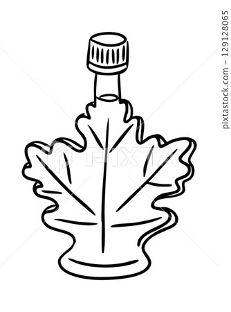 Hand drawn bottle shaped like a maple leaf, outlined in black with screw cap on top 129128065