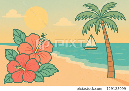 Tropical image: ocean, hibiscus, palm trees, yacht 129128099