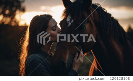 A young woman gently kisses a horse's face at sunset, capturing an intimate moment of trust and connection. The soft backlight highlights their bond in a serene countryside setting A young woman gently kisses a horse's face at sunset, capturing an intimate moment of trust and connection. The soft backlight highlights their bond in a serene countryside setting 129128108