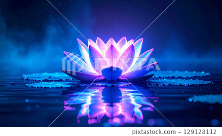A glowing neon lotus floating on water at night, illuminated in purple and cyan hues. This surreal and serene image symbolizes inner peace, spiritual awakening, and cosmic energy 129128112