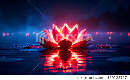 A glowing neon lotus floating on water at night, illuminated in red, This surreal and serene image symbolizes inner peace, spiritual awakening, and cosmic energy A glowing neon lotus floating on water at night, illuminated in red, This surreal and serene image symbolizes inner peace, spiritual awakening, and cosmic energy 129128117
