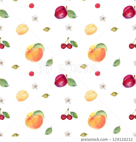 Seamless pattern with peaches, apricot, plum, cherry, raspberry, gooseberry, flower and leaf, hand drawn in watercolor. Seamless pattern with peaches, apricot, plum, cherry, raspberry, gooseberry, flower and leaf, hand drawn in watercolor. 129128212