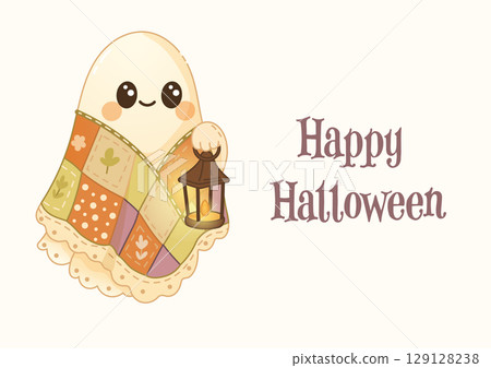 Cute boho halloween ghost with lantern and cozy patchwork blanket Cute boho halloween ghost with lantern and cozy patchwork blanket 129128238