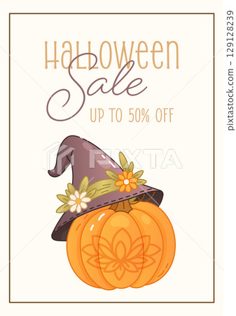 Halloween sale poster with pumpkin and floral witch hat design Halloween sale poster with pumpkin and floral witch hat design 129128239
