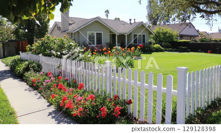 Charming suburban house with white picket fence and blooming garden on a sunny day 129128398