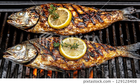 Grilled whole fish with lemon slice and herbs on barbecue grill, close-up of outdoor cooking 129128408