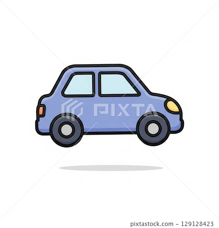 Blue cartoon style compact car illustration with rounded design black outline and yellow headlight on white background Blue cartoon style compact car illustration with rounded design black outline and yellow headlight on white background 129128423