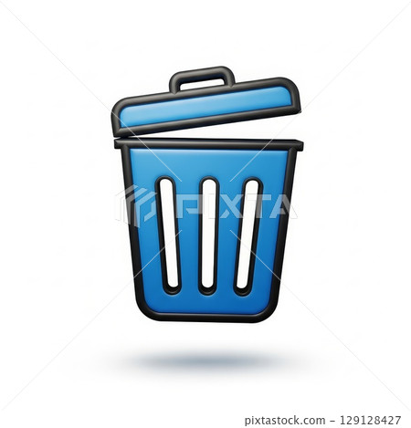 Blue cylindrical trash can with black lid and handle featuring three vertical slots on white background 3D render 129128427