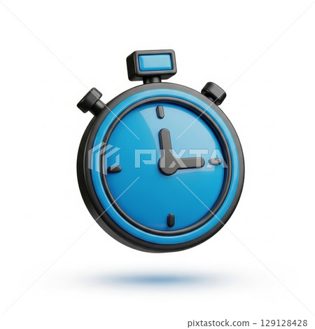 Blue digital stopwatch chronometer with LCD display showing time measurement floating on white background 3D render 129128428
