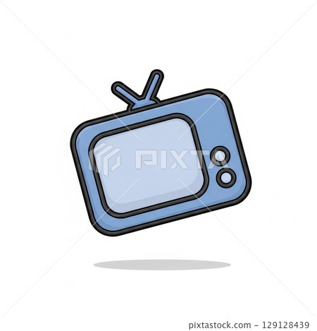 Blue retro vintage television set icon with antenna and control knobs cartoon style illustration on white background 129128439