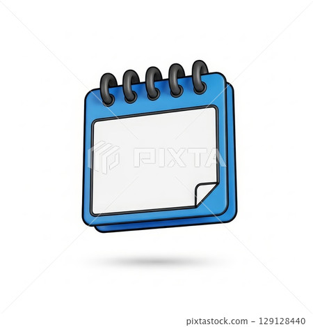 Blue spiral bound desktop calendar notepad with blank white paper page and curled corner edge floating with shadow 129128440
