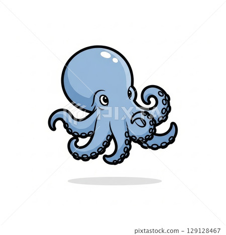Adorable blue cartoon octopus character with eight tentacles and suction cups floating with cute expression and highlight reflection on glossy head Adorable blue cartoon octopus character with eight tentacles and suction cups floating with cute expression and highlight reflection on glossy head 129128467
