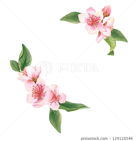 Watercolor hand drawn wreath with branch with peach pink flowers and green leaves 129128546