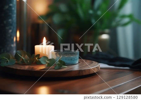 Aromatic candle burns on table in spa procedure salon. Small warm flame creating coziness and relaxing atmosphere in meditation studio. Accessory for aromatherapy treatment and mindfulness Aromatic candle burns on table in spa procedure salon. Small warm flame creating coziness and relaxing atmosphere in meditation studio. Accessory for aromatherapy treatment and mindfulness 129128580