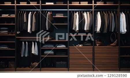 Elegant minimalist male walk in wardrobe with clothes hanging on rods, shelves and drawers. Dressing room with space for storing and organizing accessories. 129128590