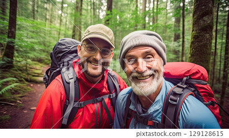 Surrounded by the wonders of the natural world, these two hiking buddies embark on an unforgettable journey. Their smiles reflect the joy of exploration and the strength of their enduring friendship. 129128615