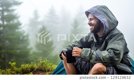 Happiness is being alone with yourself. A young cheerful Caucasian man enjoys a morning mug of coffee near his tent, alone with nature. The breath of the morning foggy forest and the spirit of freedom 129128632