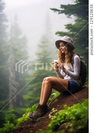 Vertical photo of a female hiker enjoys a morning cup of coffee near her tent, alone with nature. Happiness is being alone with yourself. Breath of the morning foggy forest and the spirit of freedom. 129128638