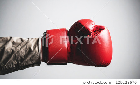 red boxing gloves, close up of red boxing gloves facing each other on a white background. Strong visual concept symbolizing conflict, sport, or determination red boxing gloves, close up of red boxing gloves facing each other on a white background. Strong visual concept symbolizing conflict, sport, or determination 129128676