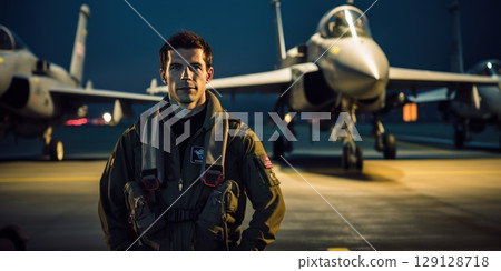 Close-up night portrait of a modern fighter pilot. Serious young Caucasian pilot posing against the backdrop of a modern fighter jets. 129128718