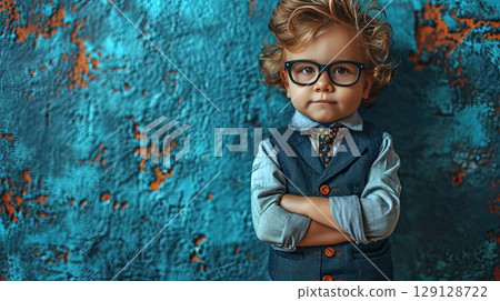 Portrait of a little boy with glasses in a stylish formal suit. Modern stylish portrait with fashion magazine style. Photo with copy space for your text. Portrait of a little boy with glasses in a stylish formal suit. Modern stylish portrait with fashion magazine style. Photo with copy space for your text. 129128722