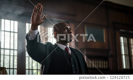 This photograph captures a crucial moment as an African American man takes an oath, pledging his allegiance to the court and the pursuit of justice. 129128725