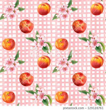 Watercolor hand drawn seamless pattern of pink checkered on background and ripe peaches, peachy pink flowers 129128761