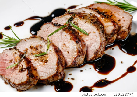 Gourmet medium-rare beef steak sliced and served with rosemary sprigs and balsamic glaze on white plate. High-end restaurant cuisine, perfect for menu design and food marketing visuals. Copy space 129128774