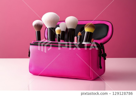 Set of makeup brushes in bright pink travel case on pink background. Clean beauty tools arrangement ideal for cosmetics ads, branding, social media, or product packaging. Copy space. Banner 129128786