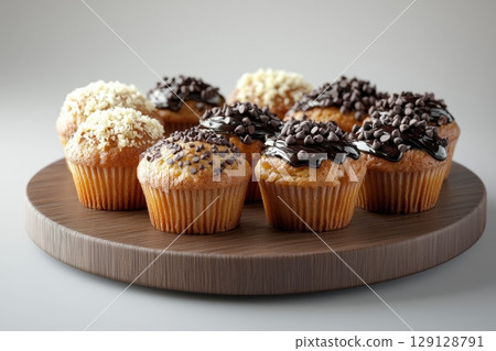 Assorted muffins with various toppings like chocolate chips, frosting, and crumble, arranged on a wooden tray. Perfect for bakery ads, dessert menus, food blogs, or promotional sweet-themed content 129128791