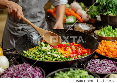 Close-up of a hand stir-frying colorful vegetables in a pan on a gas stove. Bright and healthy mix of carrots, peppers, cabbage, and green beans being sauteed with a wooden spatula in home kitchen 129128809