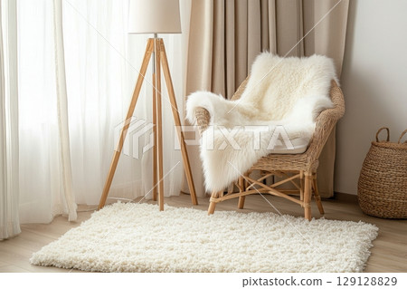 A cozy corner with a wicker chair draped in fluffy white faux fur. Soft natural light. Sheer curtains. Minimalist Scandinavian interior with beige accents. Calm and peaceful mood. Copy space. Banner 129128829