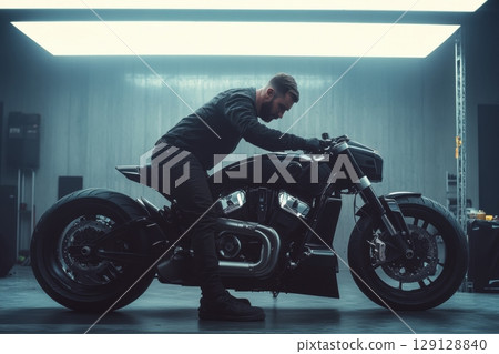 Stylized side view of a man leaning on a futuristic black motorcycle. Cold industrial light. Strong silhouette. Minimalist background. Modern strength. Concept of power, design and masculinity. Banner 129128840